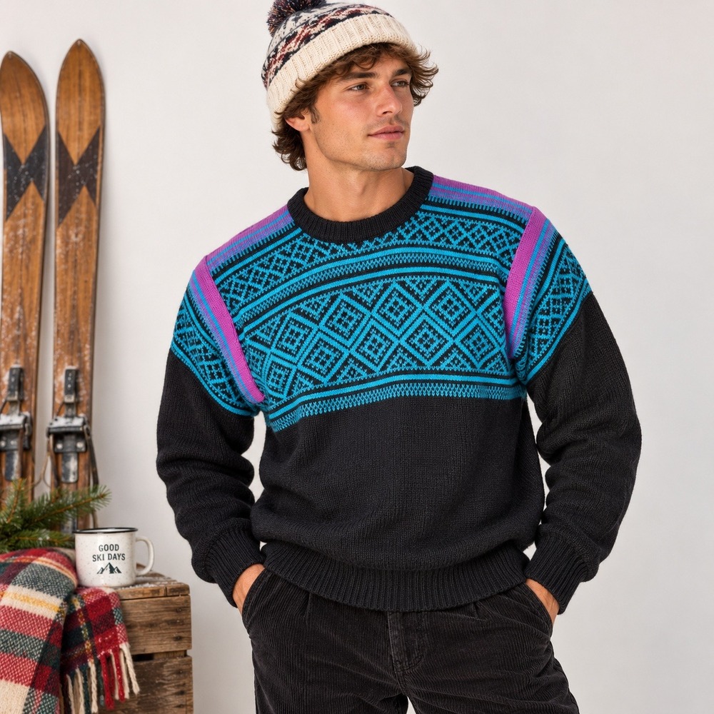 Meister Mens Sweater Vintage Retro 80s Nordic Ski Knit Large Wool Blend